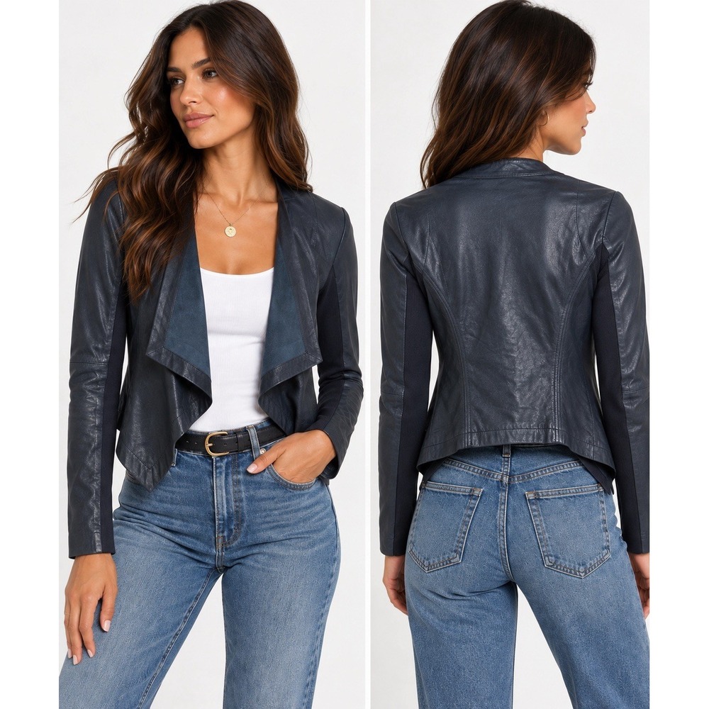 Trouvé Nordstrom Navy Leather Draped Moto Jacket XS Open Front Mixed Media